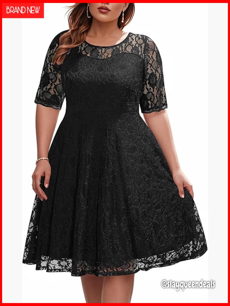Plus Size Lace V Neck Midi Dress Wedding Guest Cocktail Party